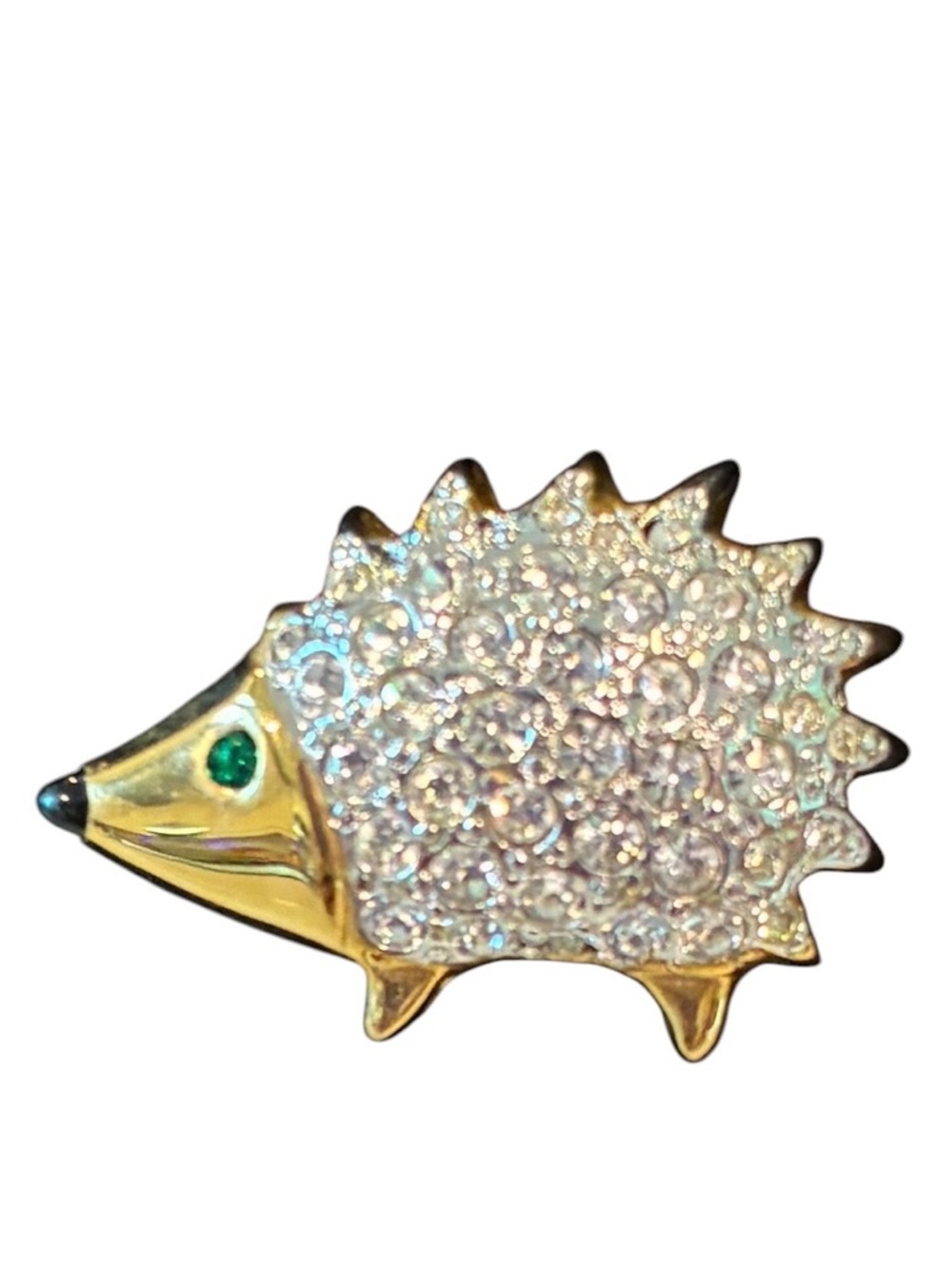 Vintage Gold Hedgehog Crystal Brooch with Green Eye